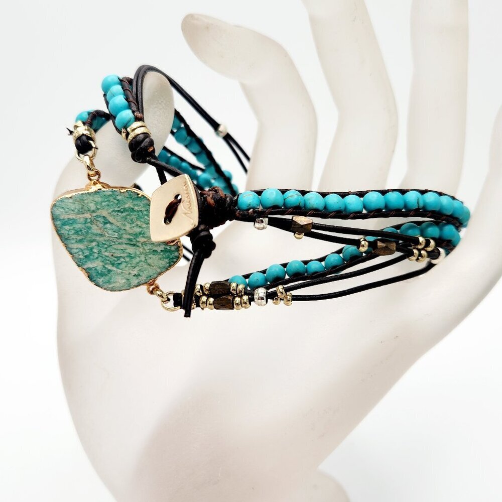 Nakamol Amazonite Gemstone Turquoise Beaded Cord Boho Necklace Wrap Bracelet
